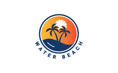 Logo plaży, logo tropikalnej wyspy, palma letni szablon logo, wektor fali i słońca