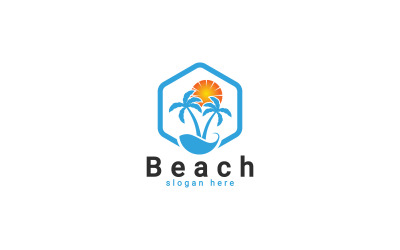 Logotipo de playa, logotipo de puesta de sol en la playa, plantilla de logotipo de verano de palmeras