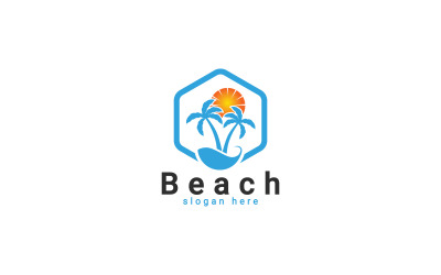 Strand-Logo, Strand-Sonnenuntergang-Logo, Palmen-Sommer-Logo-Vorlage