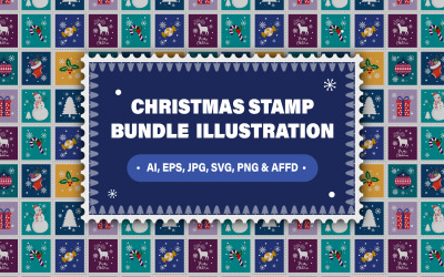 Set of Christmas Postage Stamp Illustrations - 9 Festive Creative Designs various Formats