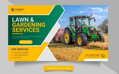 Baner internetowy usług rolniczych lub kosiarka do trawy ogrodnictwo w mediach społecznościowych po banerze wektorowym