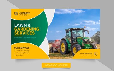 Banner web del servicio de agricultura vectorial o banner de publicación de redes sociales de jardinería de cortacésped