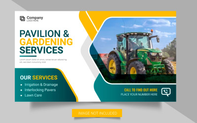 Vector de banner web de servicio de agricultura o banner de publicación de redes sociales de jardinería de cortacésped