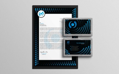 Diseño moderno y creativo de membrete y tarjeta de presentación en negro y azul: identidad corporativa