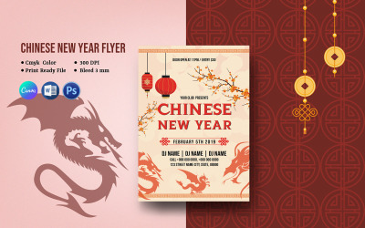 Folheto de convite para festa do Ano Novo Lunar Chinês. Word, Psd e Canva