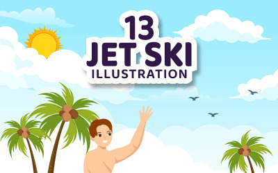 13 lidí jezdí na vodním skútru ilustrace