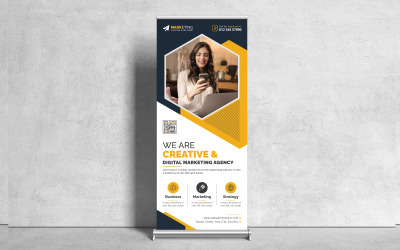 Banner roll up aziendale creativo ed elegante, standee, banner X, banner pull up con forme astratte