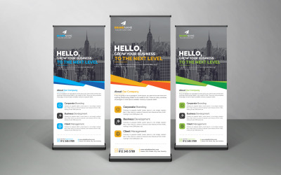 Blue, Yellow and Green Corporate Roll Up Banner, X Banner, Standee Template Design Layout