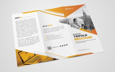 Professionele creatieve zakelijke driebladige brochure sjabloonontwerp met blauwe en oranje kleur
