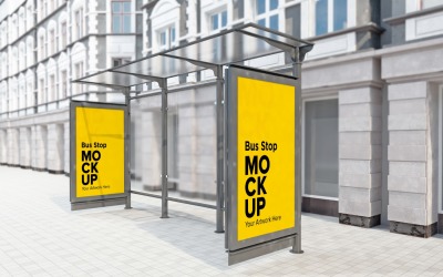 İki Reklam Panosu Mockup Şablonlu Yol Kenarı Otobüs Barınağı.