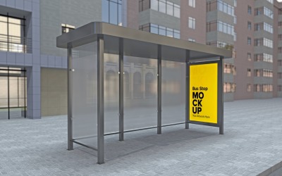 Minimal Look Bus Stop Blurred Glass With Sign Mockup Template.