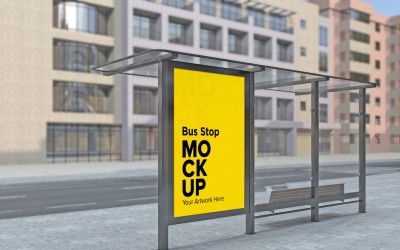 Town Bus Shelter With Advertising Sign Mockup Template