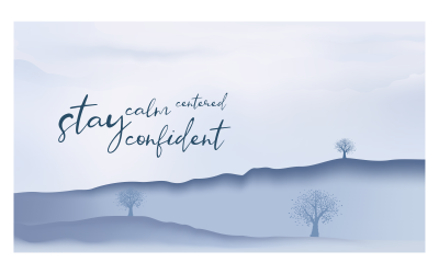 Blaues Hintergrundbild mit Berglandschaft und inspirierender Botschaft, selbstbewusst zu bleiben