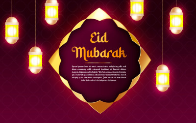Beautiful floral arabesque pattern and hanging fanoos with golden eid mubarak calligraphy