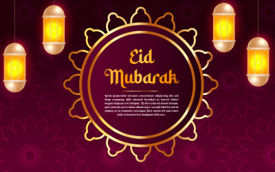 Islamiska hälsningar eid mubarak kortdesign med lyktor halvmåne och helig kaaba