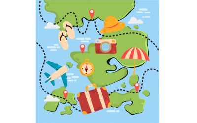 Mapa com ilustração de elementos de viagem