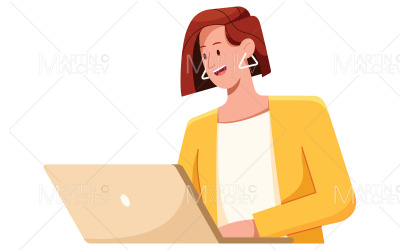 mujer de negocios, trabajo encendido, computadora portátil, vector, ilustración