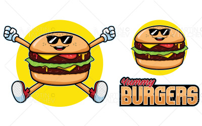 Mňam hamburgery maskot vektorové ilustrace