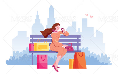 žena odpočívá po nakupování vektorové ilustrace