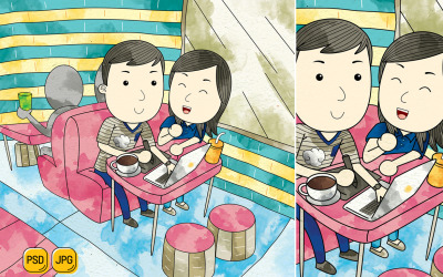 Ilustração de casal namorando no café