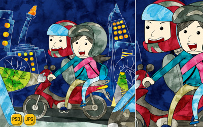 pareja, equitación, motocicleta, ilustración