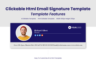 Modelo de assinatura de e-mail Html de elementos de interface do usuário de design limpo