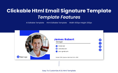 Design moderno de assinatura de e-mail clicável em Html profissional