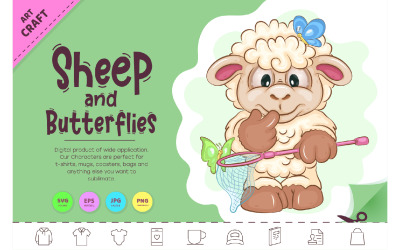 Cartoon Sheep and Butterflies. Clipart.