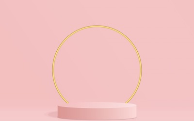 Palco circular do pódio e anel dourado com renderização 3d de fundo de cor rosa