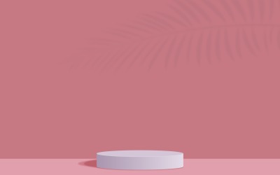 Palco de pódio circular e fundo de cor ouro rosa com sombra de folhas de palmeira