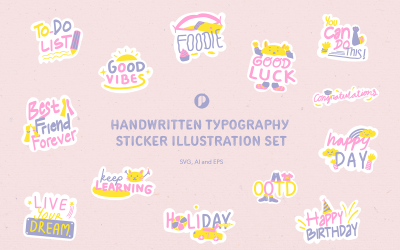 Fun wordy handwriting typography sticker illustration set