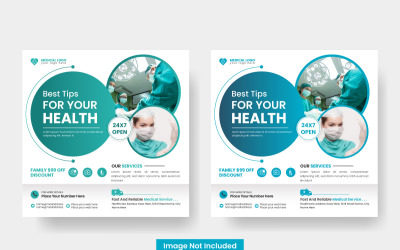 Medicinsk hälsa affisch design och sjukhus kvadrat sociala medier post banner mall