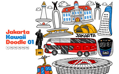 Джакарта Сити Каваи Дудл Векторная Иллюстрация #01