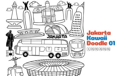Arte de línea de Doodle Kawaii de la ciudad de Yakarta # 01