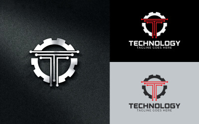 Diseño de logotipo de engranaje de ingeniería de tecnología de letra T