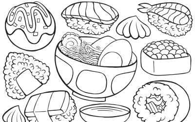 Japonya Gıda Doodle Vektör Hat Sanatı #01