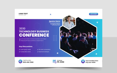 Technológiai konferencia webinárium szórólapsablonja és vállalati online esemény banner-meghívó elrendezése