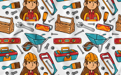 Builder Kawaii Doodle Seamless Pattern 04