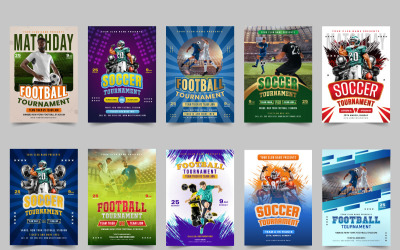Pakiet szablonów układu plakatu wydarzenia sportowego i zestaw projektów ulotek turniejowych w piłce nożnej