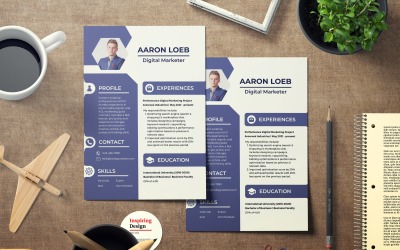 Modello di curriculum di marketing digitale elegante blu e grigio