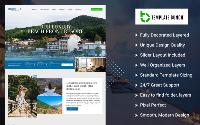 Highhill - Индивидуальный PSD-шаблон целевой страницы отеля и курорта