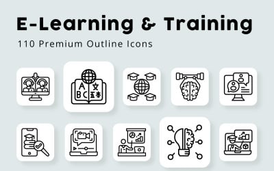 Icônes de contour d&amp;#39;apprentissage et de formation en ligne