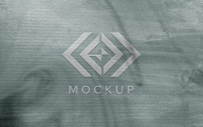 Grå präglad logotyp med cyan texturbakgrund
