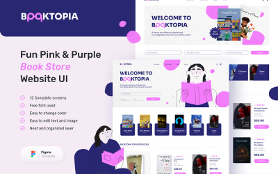Booktopia: divertido sitio web de la librería rosa y púrpura