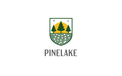 Modello di design del logo del paesaggio della natura all&amp;#39;aperto del lago di pino