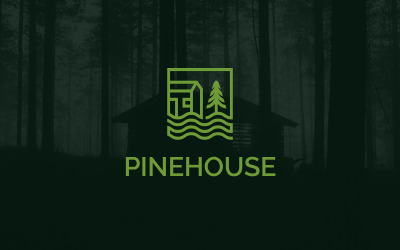 Modello di progettazione di logo di avventura di campeggio di casa di pino