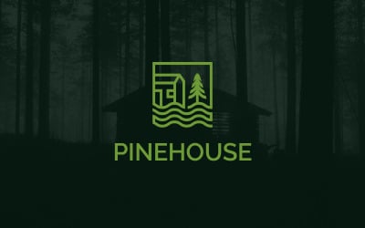 Pine house camping adventure logo design template