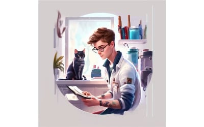 Tecknad stil Man veterinär ung arbetar i den vita illustrationen vektor