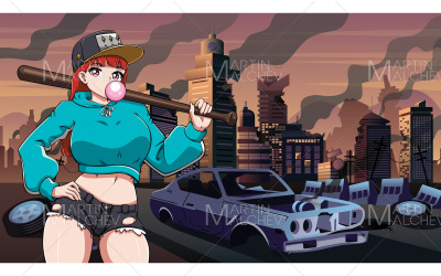 Anime Bat Girl em ilustração vetorial de cidade arruinada