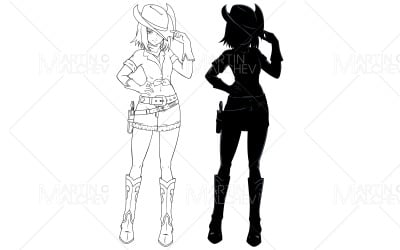 Anime Cowgirl čárová grafika a silueta vektorové ilustrace